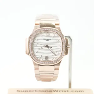 Patek Philippe Nautilus 7118/1200R Rose Gold Silvery Opaline Dial Diamond Bezel Rose Gold Bracelet 35mm Replica Watches - 1