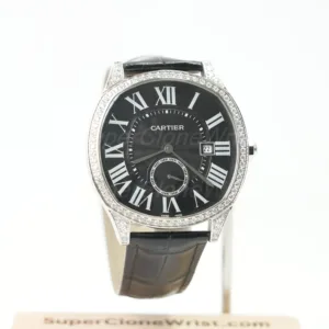 Cartier Drive de Cartier Steel Diamond Bezel Cushion Case Black Dial Black Alligator Leather Strap 40mm Replica Watches - 1