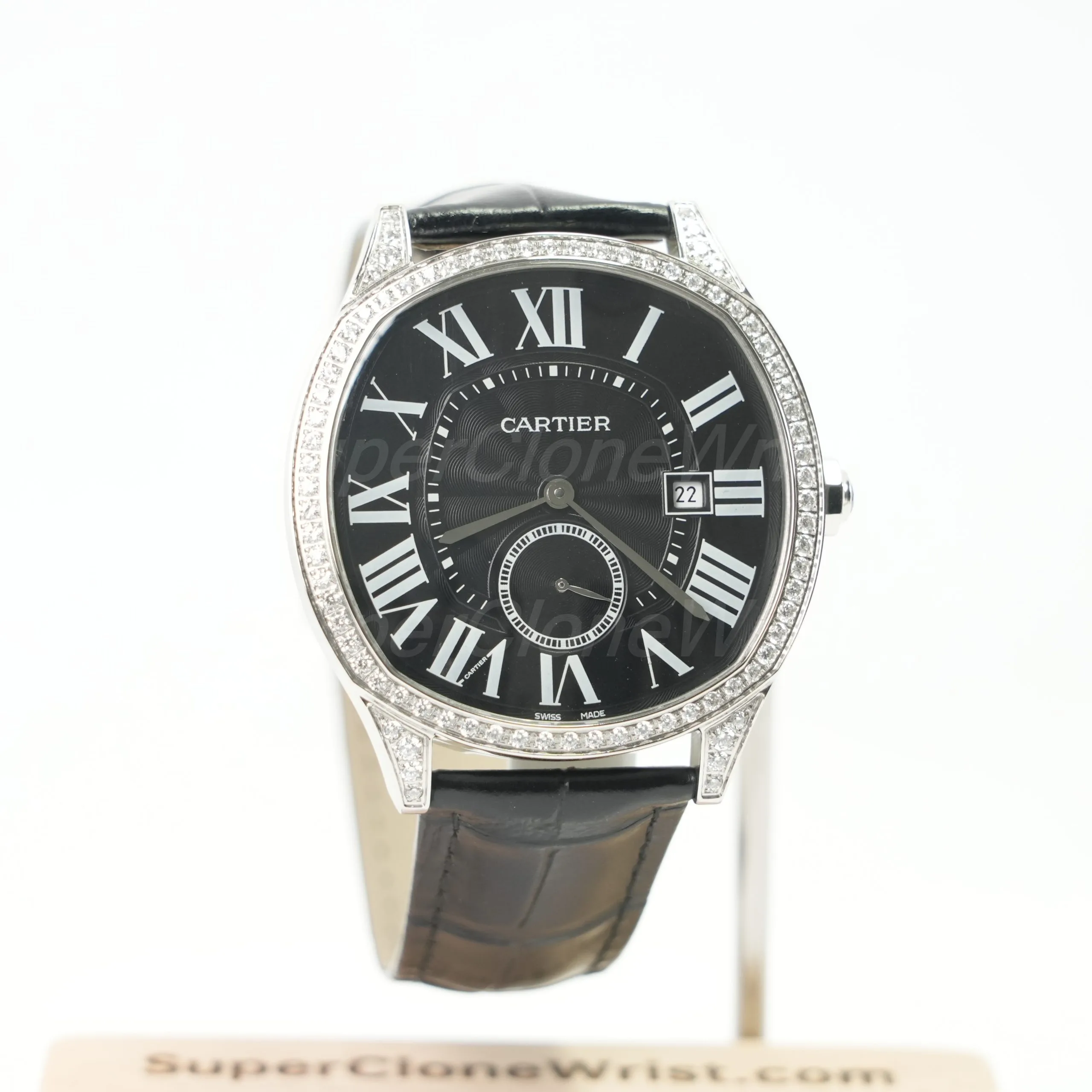 1-17-scaled-1.jpg Cartier Drive de Cartier Steel Diamond Bezel Cushion Case Black Dial Black Alligator Leather Strap 40mm Replica Watches - 1