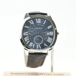 Cartier Drive de Cartier Steel Cushion Case Blue Dial Black Alligator Leather Strap 40mm Replica Watches - 1