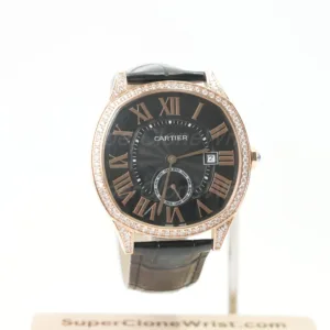 Cartier Drive de Cartier Rose Gold Diamond Bezel Cushion Case Black Dial Black Alligator Leather Strap 40mm Replica Watches - 1