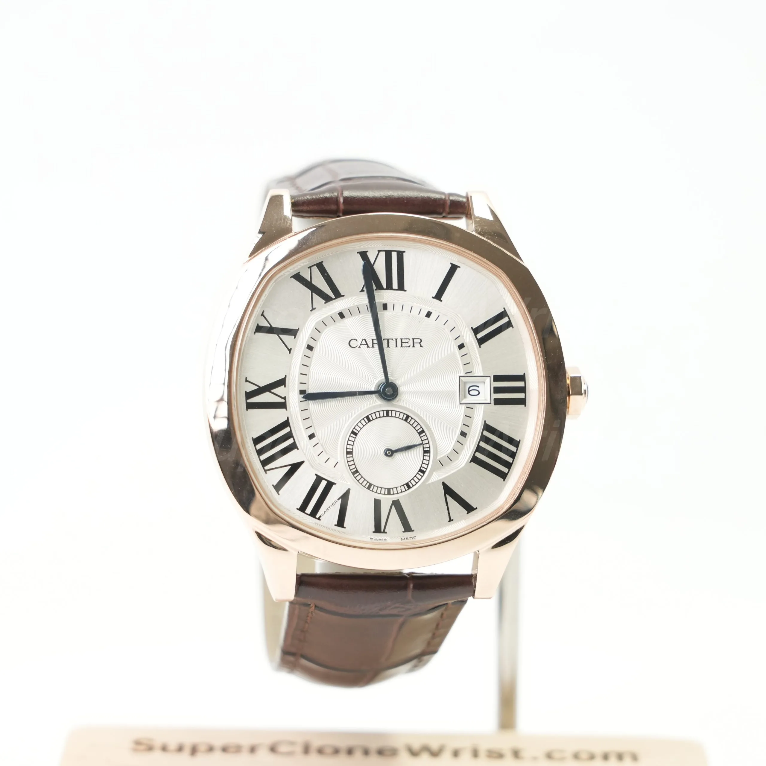 Cartier Drive de Cartier Rose Gold Cushion Case Silver Dial Brown Alligator Leather Strap 40mm Replica Watches - 1
