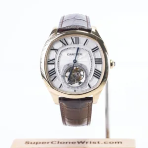 Cartier Drive de Cartier Yellow Gold Smooth Bezel Cushion Case White Dial Tourbillon Brown Alligator Leather Strap 40mm Replica Watches - 1
