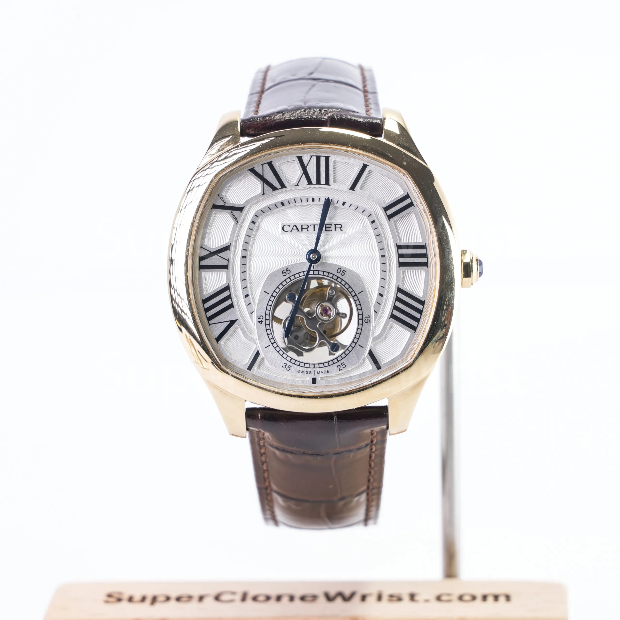 Cartier Drive de Cartier Yellow Gold Smooth Bezel Cushion Case White Dial Tourbillon Brown Alligator Leather Strap 40mm Replica Watches - 1