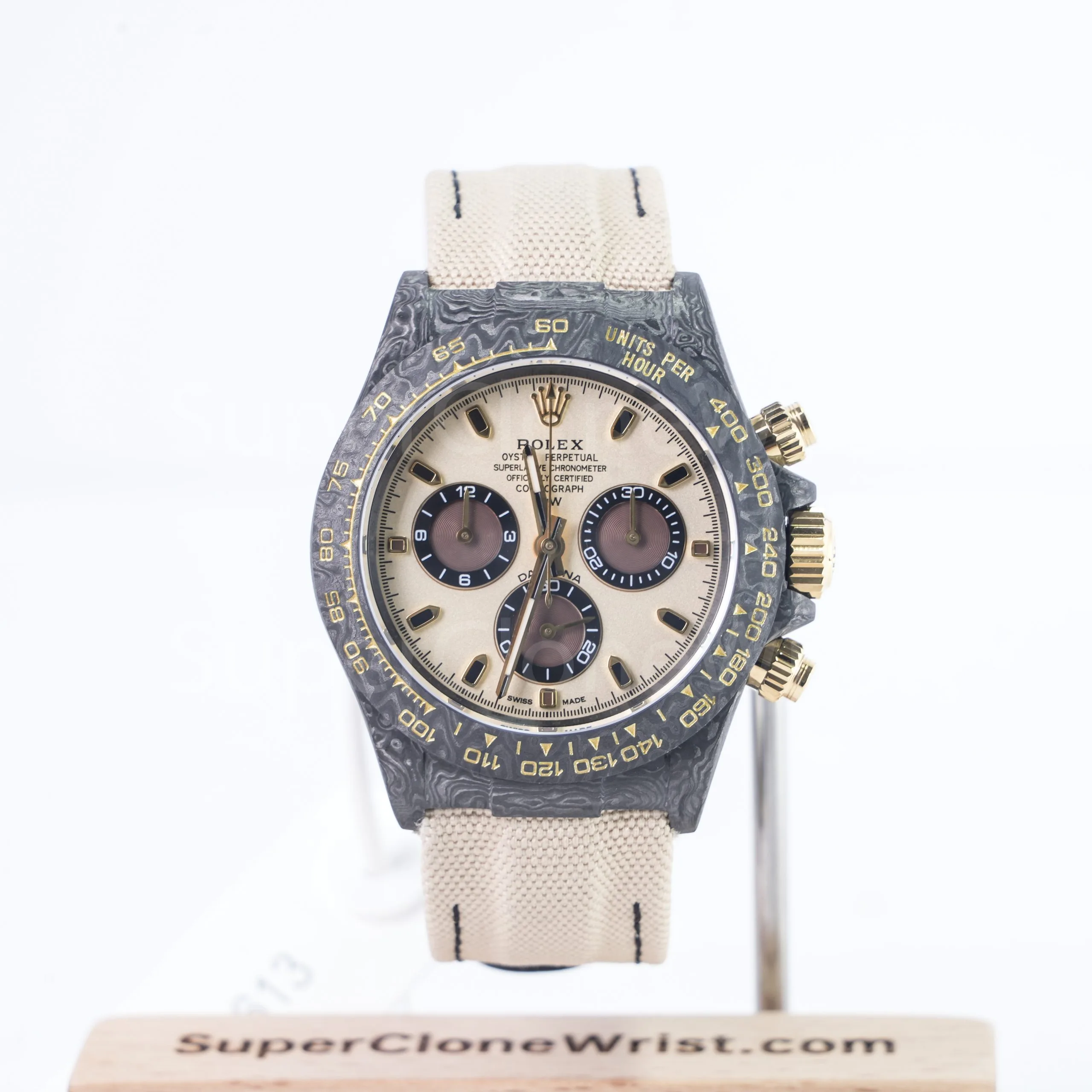 Rolex Daytona DiW "Desert Eagle" Carbon Fiber Beige Dial Carbon Fiber Bezel Beige Fabric Strap 40mm Replica Watches - 1