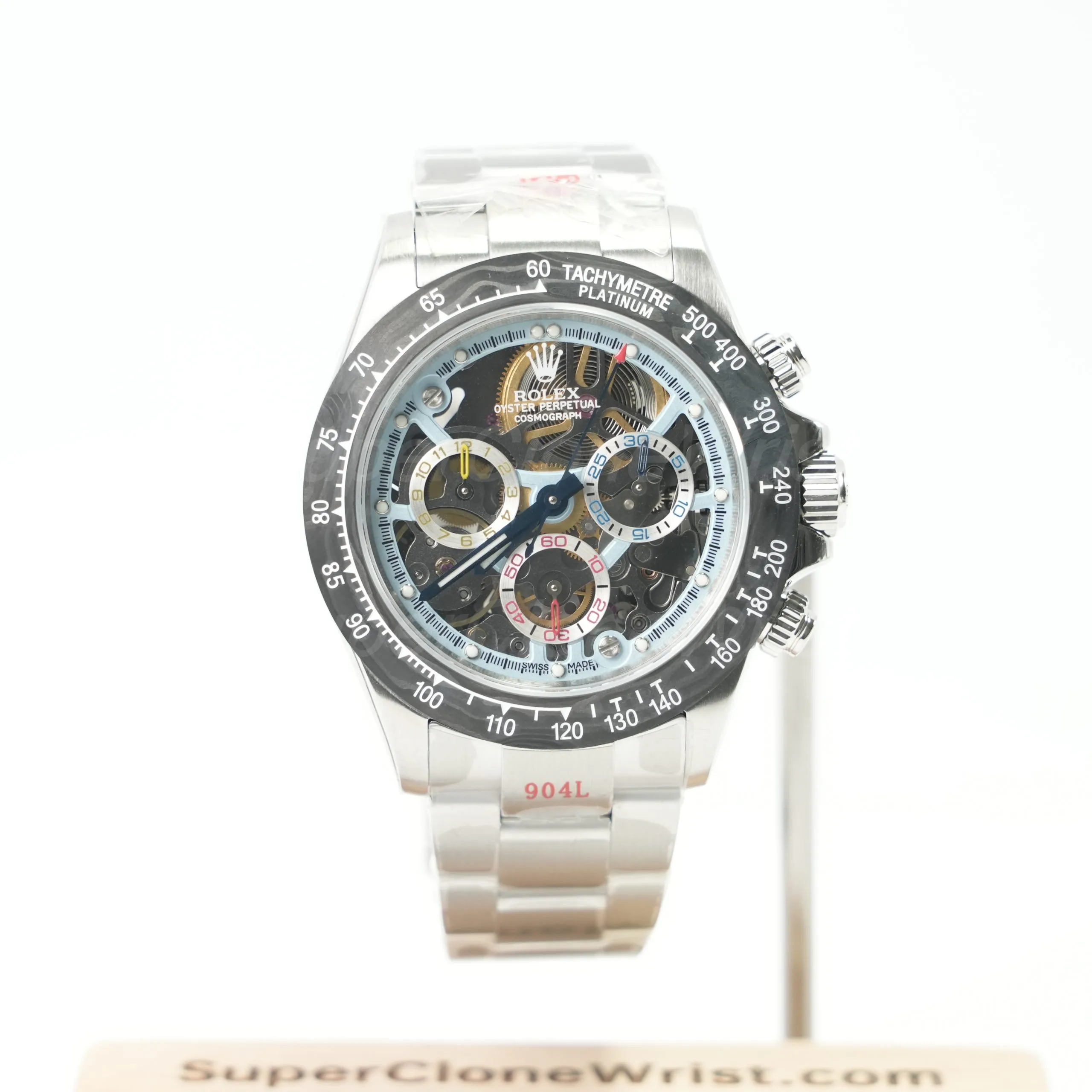 Rolex Daytona Steel Skeleton Ice Blue Dial Carbon Bezel Steel Oyster Bracelet 40mm Replica Watches - 1