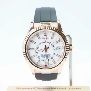 Rolex-Sky-Dweller-336235-White-Dial-Rose-Gold-Rubber-Strap-42mm Super Clone Watches Replica Watches - 1