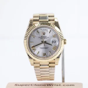 Rolex Day-Date 228238 18K Yellow Gold Silver Sunray Roman Dial Fluted Bezel President Bracelet 40mm Replica Watches - 1