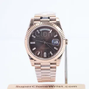 Rolex Day-Date 228235 Rose Gold Chocolate Sunray Baguette Diamond Dial Fluted Bezel President Bracelet 40mm Replica Watches - 1