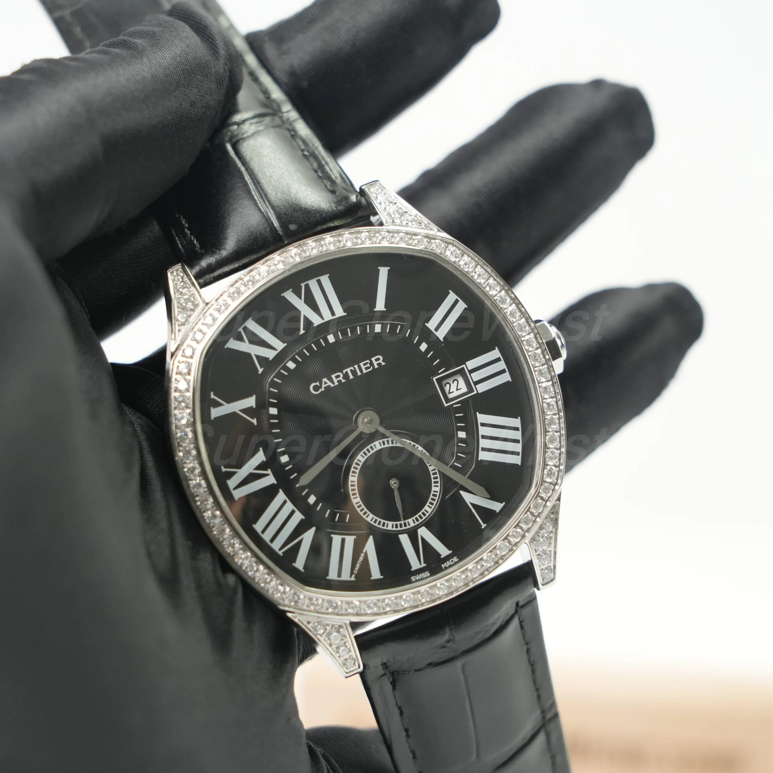 Cartier Drive de Cartier Steel Diamond Bezel Cushion Case Black Dial Black Alligator Leather Strap 40mm Replica Watches - 2