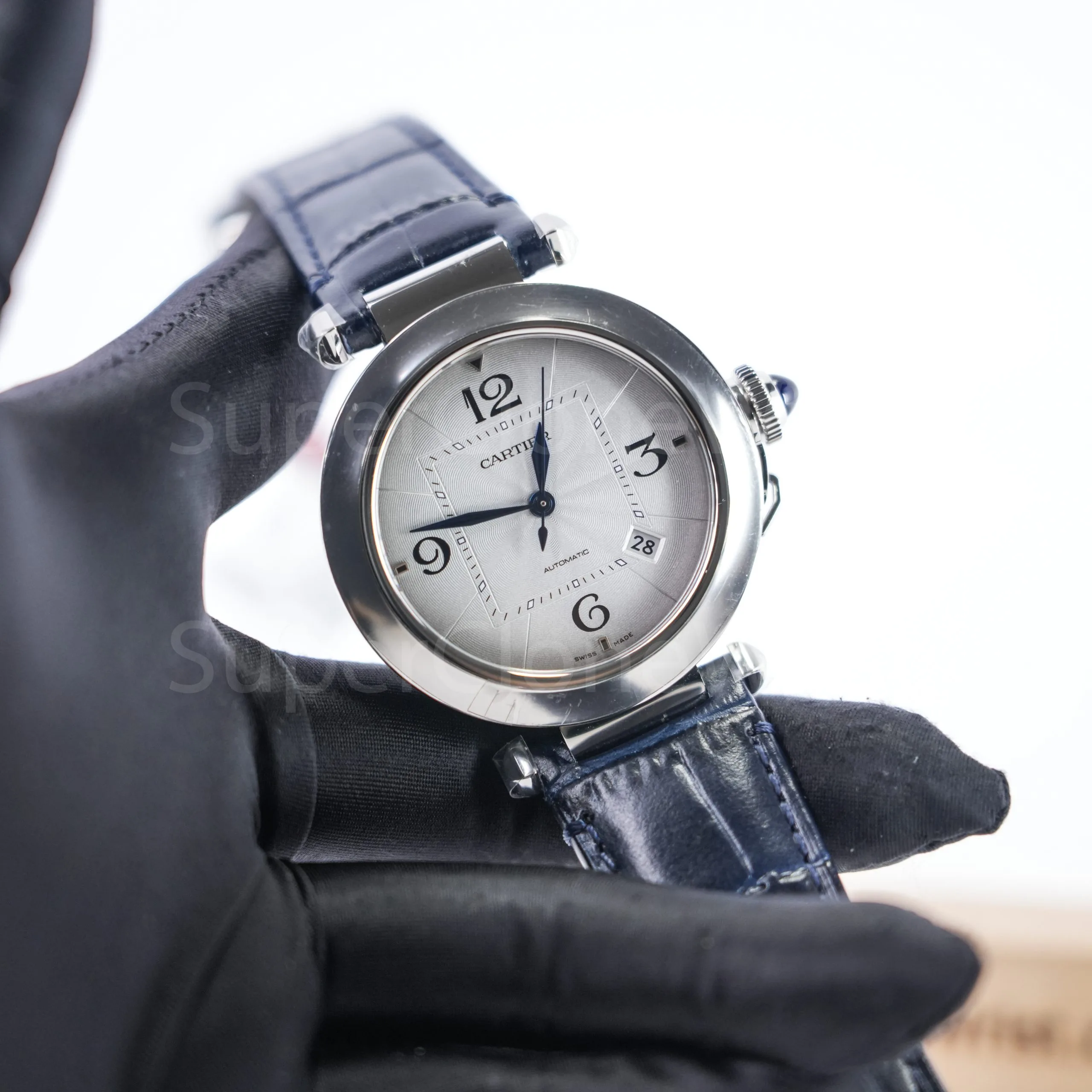 Cartier Pasha de Cartier Steel White Dial Steel Bezel Blue Alligator Leather Strap 41mm Replica Watches - 2