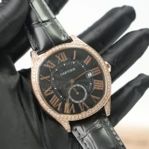 Cartier Drive de Cartier Rose Gold Diamond Bezel Cushion Case Black Dial Black Alligator Leather Strap 40mm Replica Watches - 2