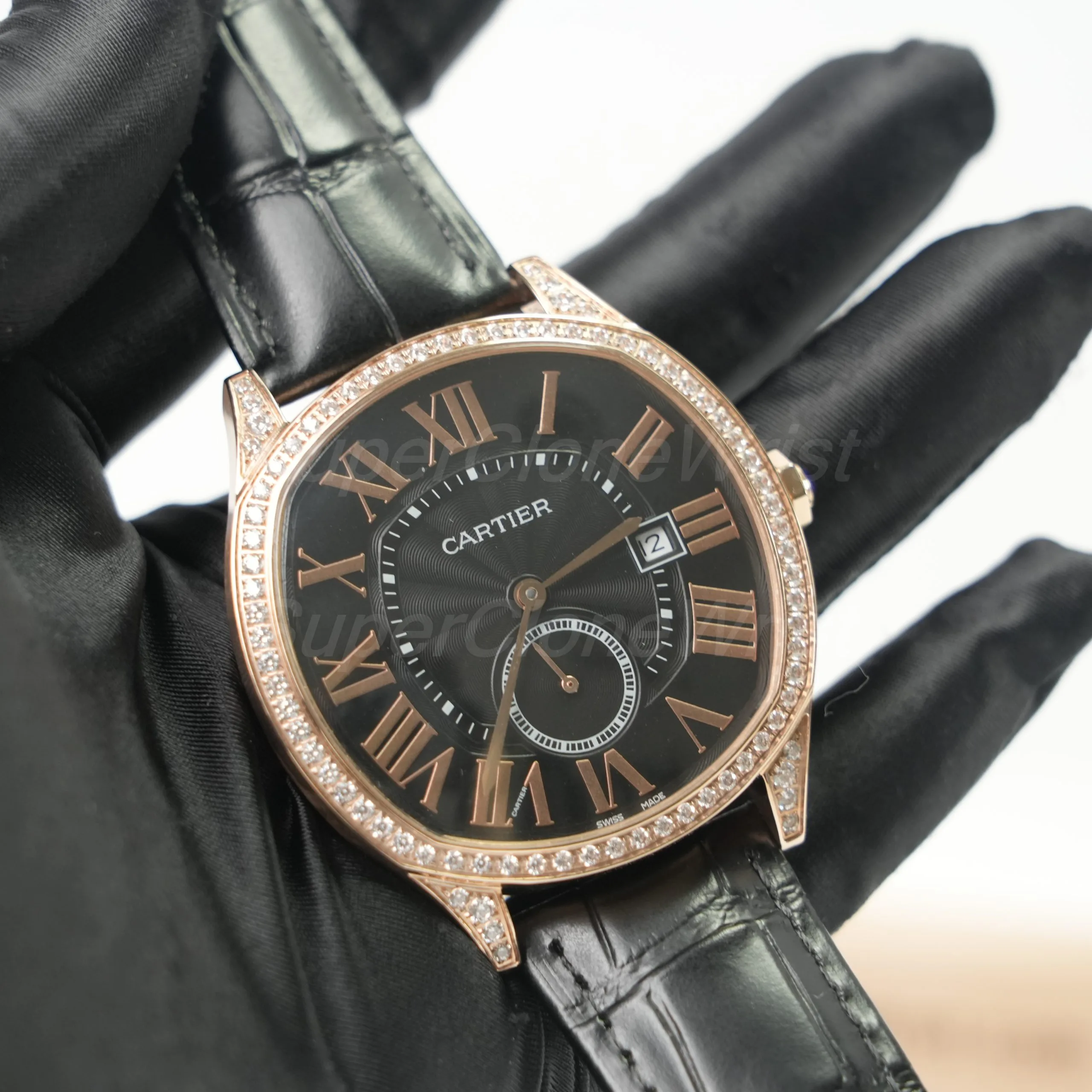 Cartier Drive de Cartier Rose Gold Diamond Bezel Cushion Case Black Dial Black Alligator Leather Strap 40mm Replica Watches - 2