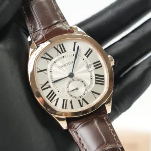 Cartier Drive de Cartier Rose Gold Cushion Case Silver Dial Brown Alligator Leather Strap 40mm Replica Watches - 2