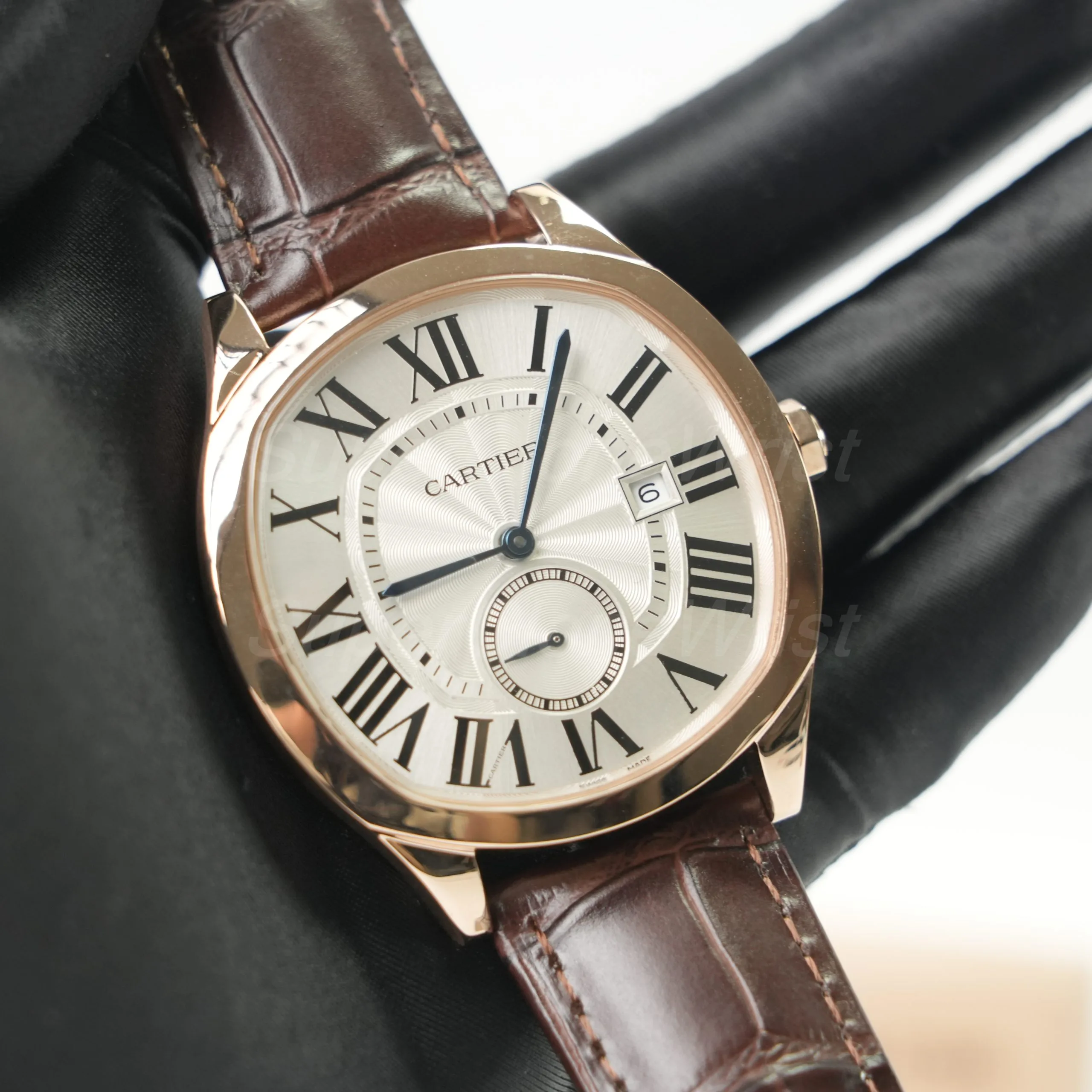 Cartier Drive de Cartier Rose Gold Cushion Case Silver Dial Brown Alligator Leather Strap 40mm Replica Watches - 2
