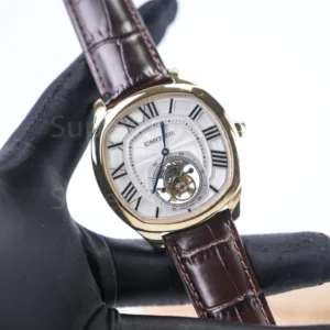 Cartier Drive de Cartier Yellow Gold Smooth Bezel Cushion Case White Dial Tourbillon Brown Alligator Leather Strap 40mm Replica Watches - 2