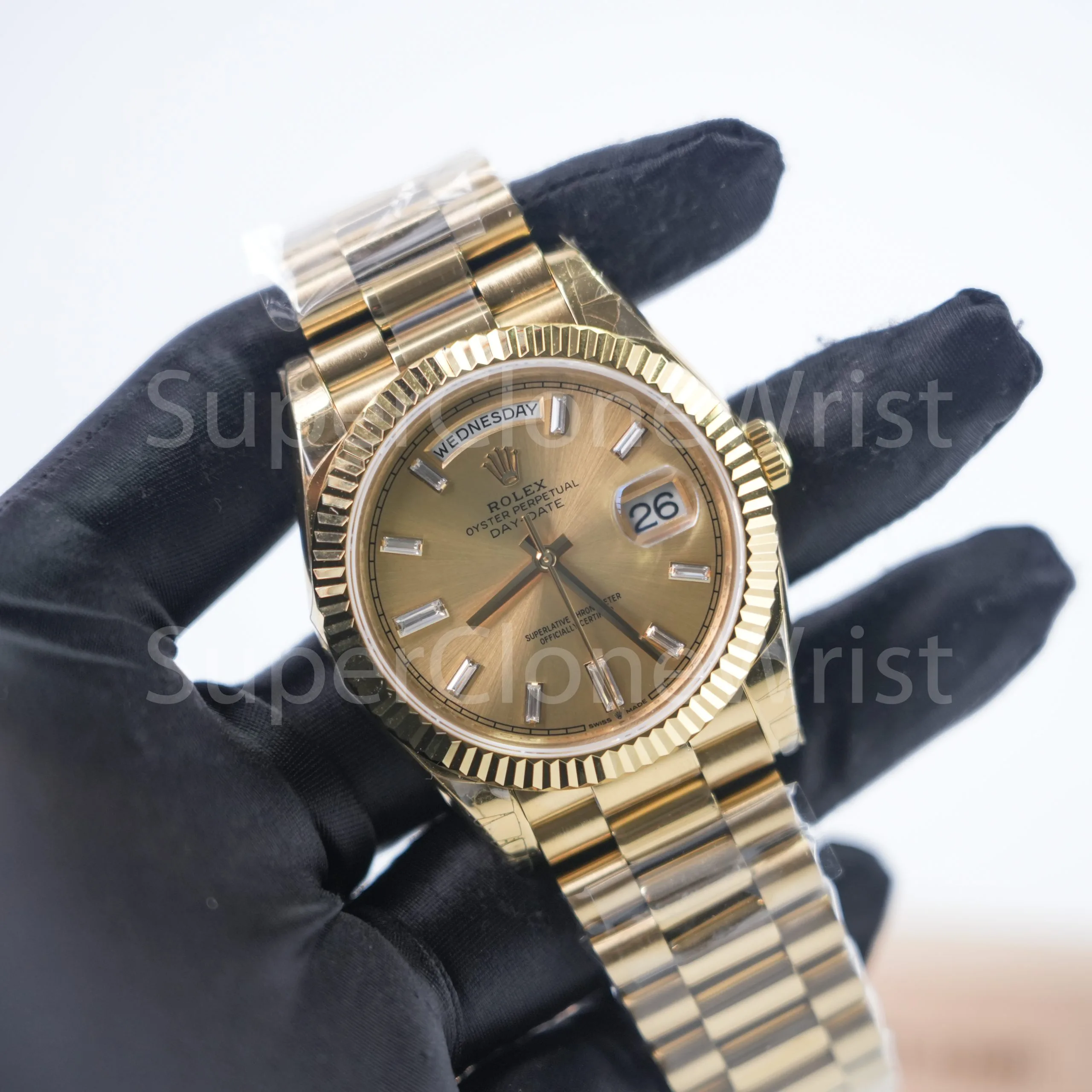 Rolex Day-Date 228238 18K Yellow Gold Champagne Sunray Baguette Diamond Dial Fluted Bezel President Bracelet 40mm Replica Watches - 2
