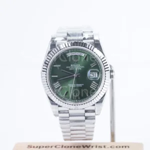Rolex Day-Date 228239 Steel Green Sunray Roman Dial Fluted Bezel President Bracelet 40mm Replica Watches - DSC05635
