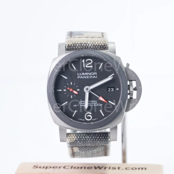 Panerai Luminor Luna Rossa GMT PAM01096 Titanium Scafotech Dial Carbotech Bezel Grey Fabric Strap 42mm Replica Watches - 1